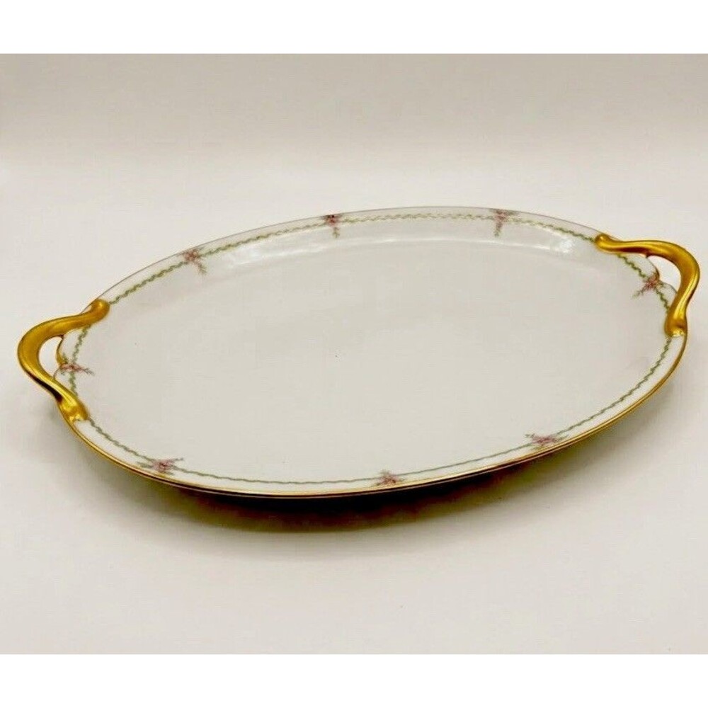 Antique GDA Limoges French Porcelain Large Oval Serving Platter Gold Handles